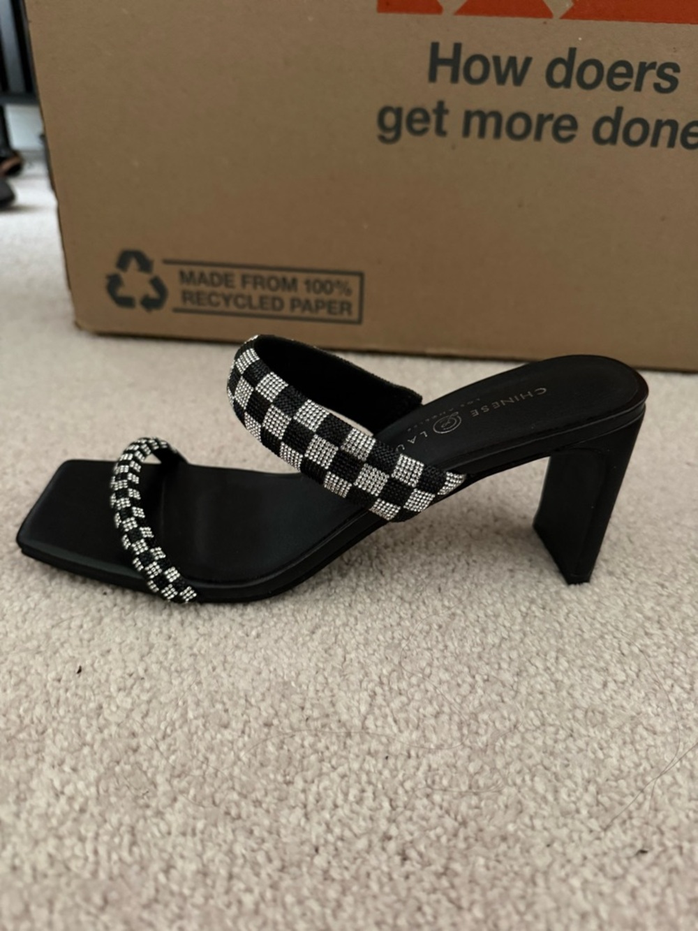 Chinese Laundry Black and White Beaded Checkered Mule Heels - Picture 2 of 2